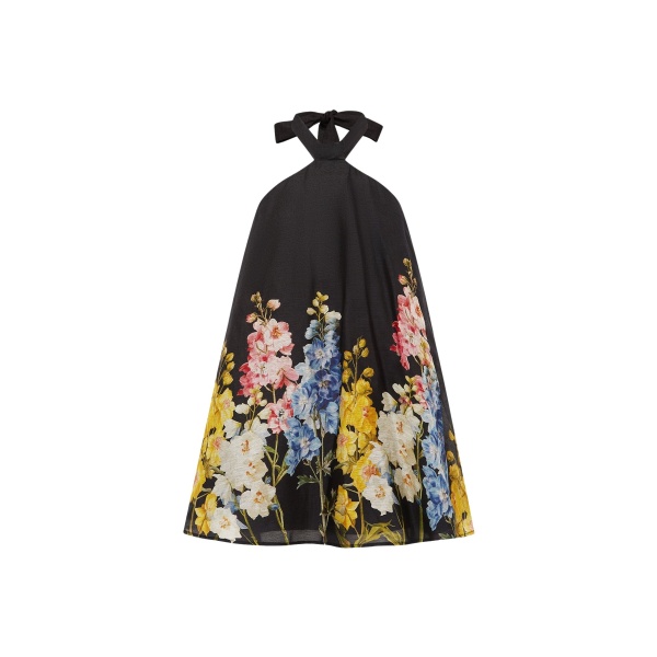 Leo Lin Eloise Halterneck Mini Dress in Snapdragon Print in Ebony