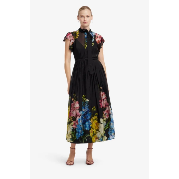 Leo Lin Grace Flutter Sleeve Midi Dress in Snapdragon Print in Ebony, view 3
