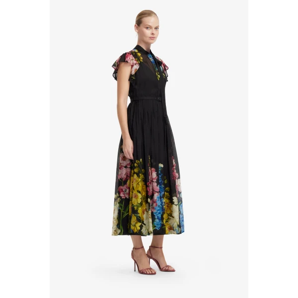 Leo Lin Grace Flutter Sleeve Midi Dress in Snapdragon Print in Ebony, view 4