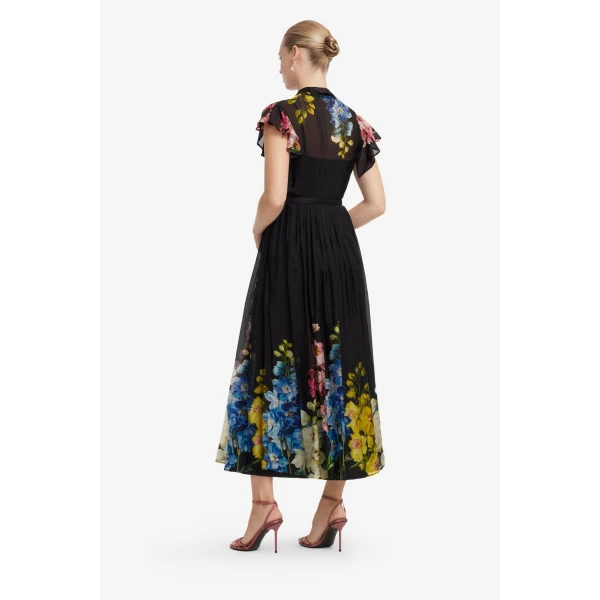 Leo Lin Grace Flutter Sleeve Midi Dress in Snapdragon Print in Ebony, view 5