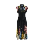 Leo Lin Grace Flutter Sleeve Midi Dress in Snapdragon Print in Ebony