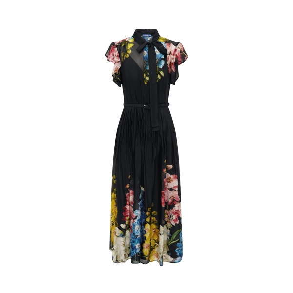 Leo Lin Grace Flutter Sleeve Midi Dress in Snapdragon Print in Ebony