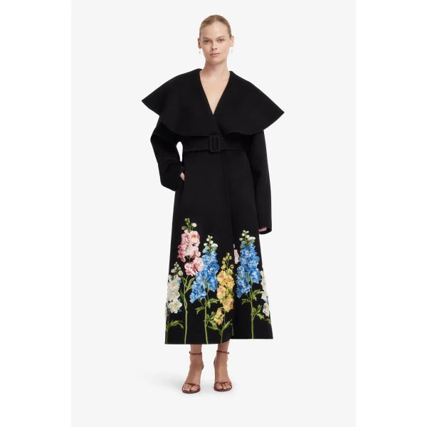 Leo Lin Joan Embroidered Wool Coat in Snapdragon Print in Ebony, view 3
