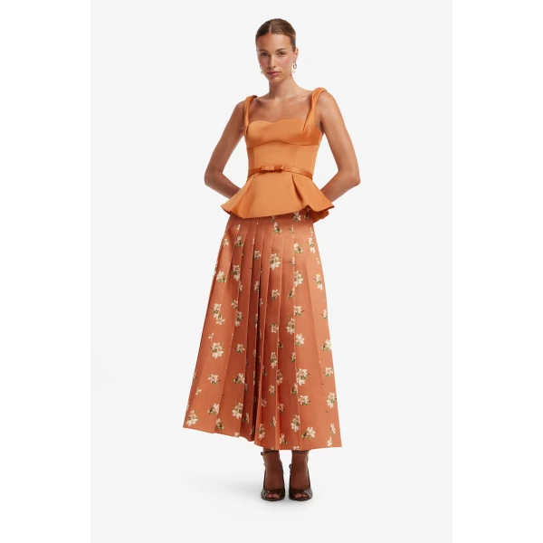 Leo Lin June Pleated Maxi Skirt in Lily Print in Ochre, view 3