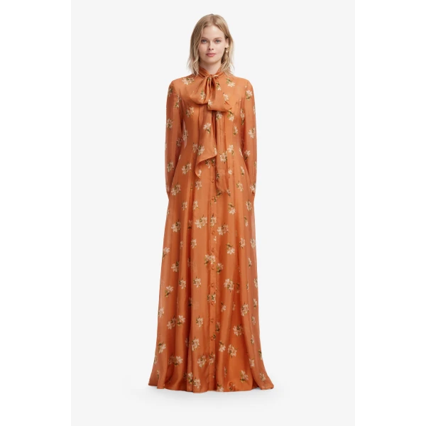 Leo Lin Lilith Tie Neck Maxi Dress in Lily Print in Ochre, view 2