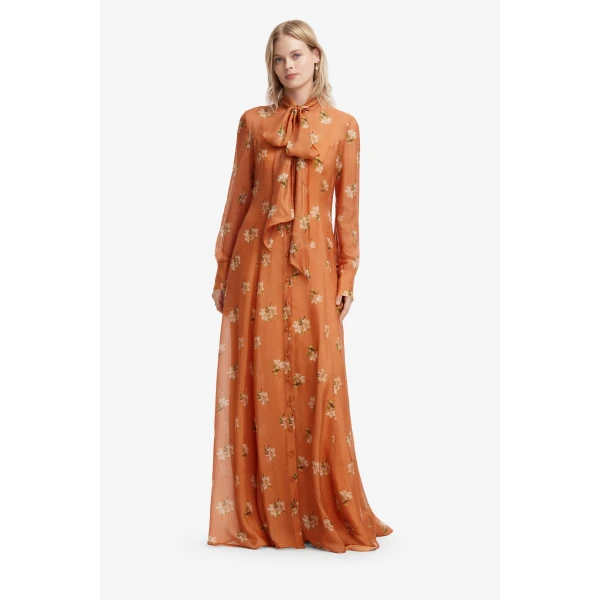 Leo Lin Lilith Tie Neck Maxi Dress in Lily Print in Ochre, view 3