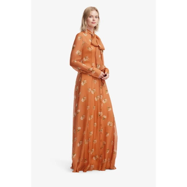 Leo Lin Lilith Tie Neck Maxi Dress in Lily Print in Ochre, view 4