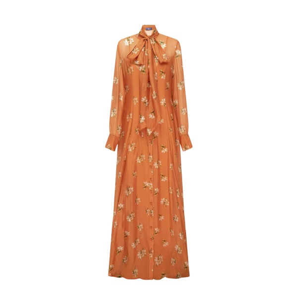 Leo Lin Lilith Tie Neck Maxi Dress in Lily Print in Ochre