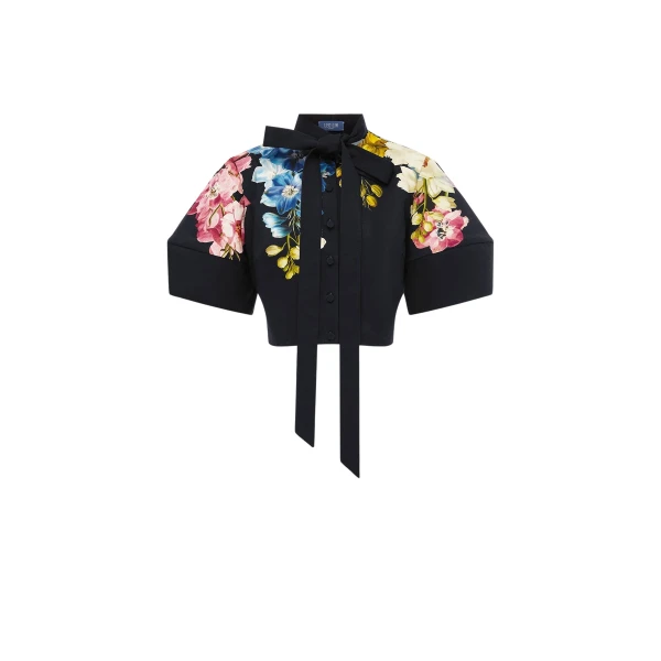 Leo Lin Molly Puff Sleeve Top in Snapdragon Print in Ebony