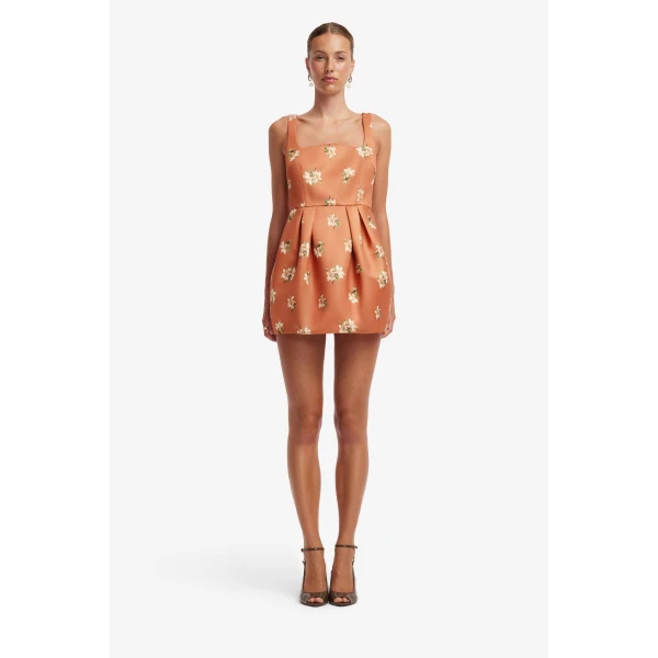 Leo Lin Piper Bell Shape Mini Dress in Lily Print in Ochre, view 2