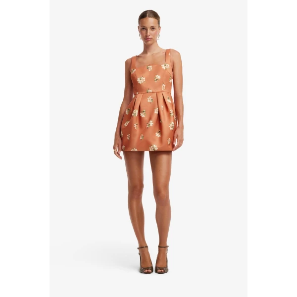 Leo Lin Piper Bell Shape Mini Dress in Lily Print in Ochre, view 3