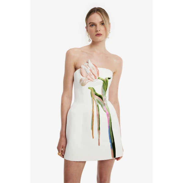 Leo Lin Roselle Bustier Mini Dress in Tulip Print in Snow, view 6