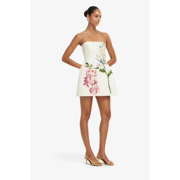 Leo Lin Roselle Embroidered Bustier Mini Dress in Snapdragon Print in Snow, view 4