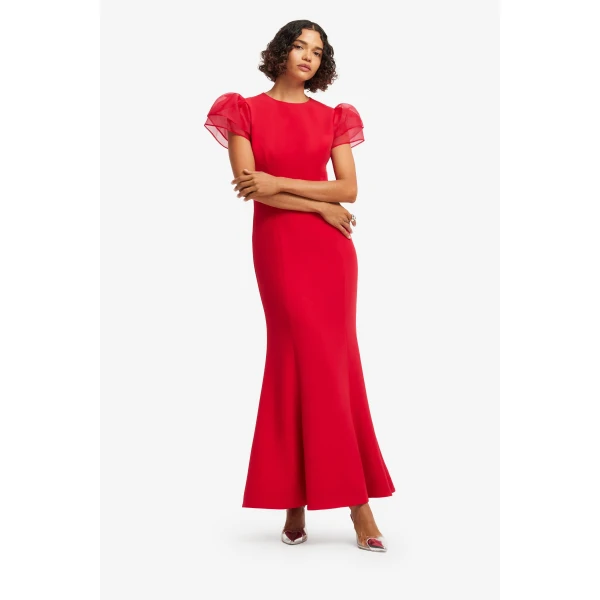 Leo Lin Sofia Puff Sleeve Maxi Dress in Vermilion, view 3