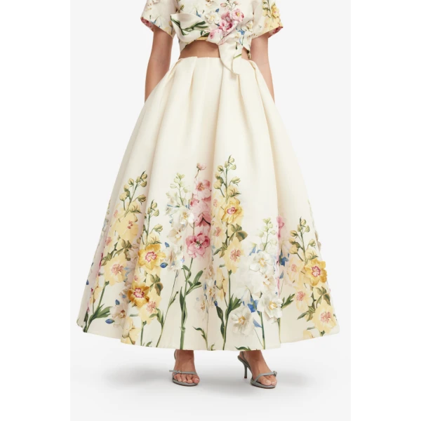 Leo Lin Victoria Embroidered Puff Maxi Skirt in Snapdragon Print in Snow, view 6