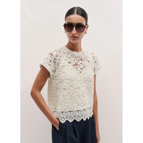 Me and Em ME+EM 2-in-1 Crochet Tee in Light Cream Top, view 5
