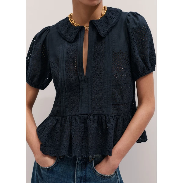 Me and Em ME+EM Broderie Peplum Top in Navy, view 2