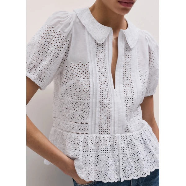Me and Em ME+EM Broderie Peplum Top in Soft White, view 2