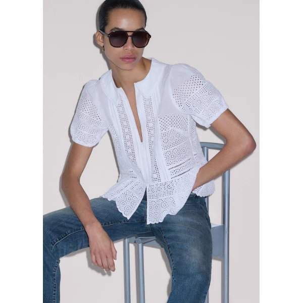 Me and Em ME+EM Broderie Peplum Top in Soft White, view 4