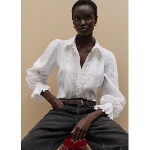 Me and Em ME+EM Broderie Straight Blouse in Soft White, view 2