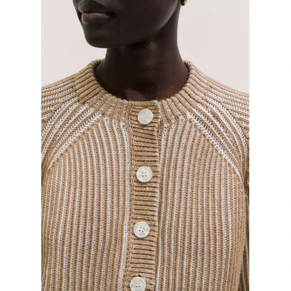 Me and Em ME+EM Contrast Rib Cardigan in Camel/Soft White, view 3