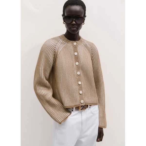 Me and Em ME+EM Contrast Rib Cardigan in Camel/Soft White, view 5