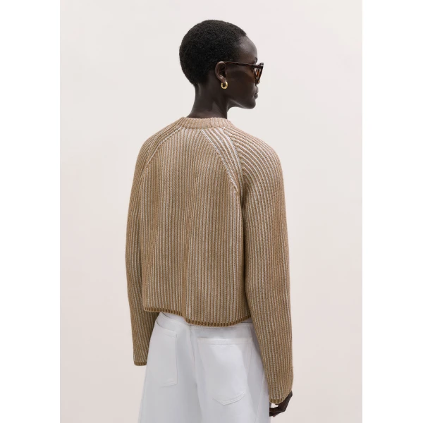 Me and Em ME+EM Contrast Rib Cardigan in Camel/Soft White, view 6