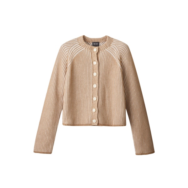 Me and Em ME+EM Contrast Rib Cardigan in Camel/Soft White