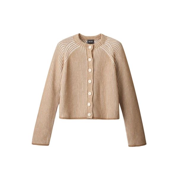 Me and Em ME+EM Contrast Rib Cardigan in Camel/Soft White