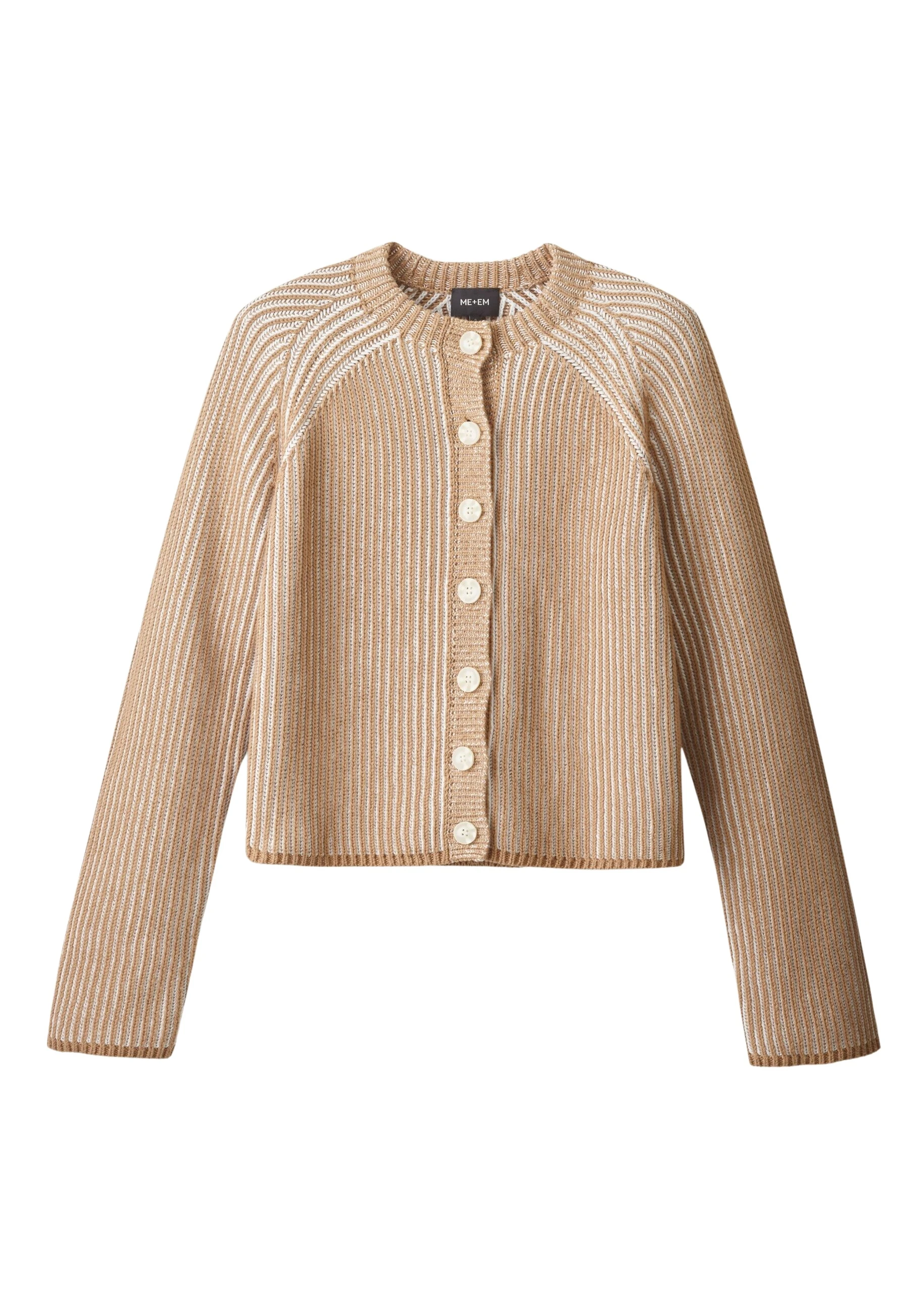 ME+EM Contrast Rib Cardigan in Camel/Soft White