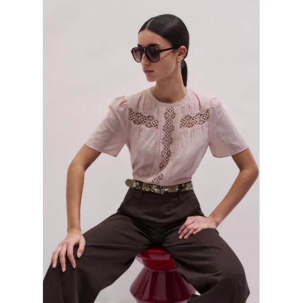 Me and Em ME+EM Embroidered Cutout Tee in Blush Pink Top, view 2