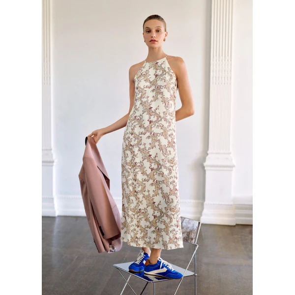 Me and Em ME+EM Halter Slim Maxi Dress in Light Cream/Multi, view 2