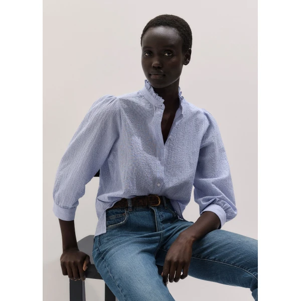 Me and Em ME+EM Pouf Sleeve Blouse in Blue/Soft White, view 2