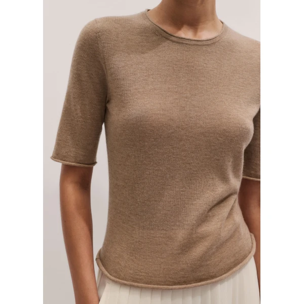 Me and Em ME+EM Raw Edge Slim Knit Tee in Camel Mélange, view 2