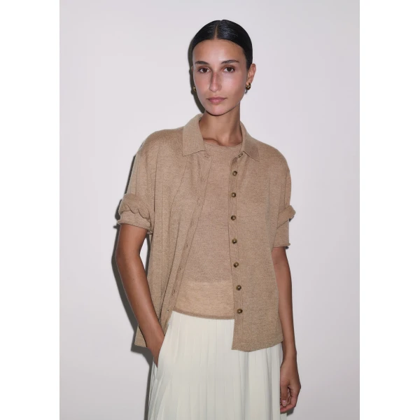 Me and Em ME+EM Raw Edge Slim Knit Tee in Camel Mélange, view 3