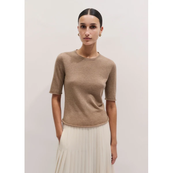 Me and Em ME+EM Raw Edge Slim Knit Tee in Camel Mélange, view 6