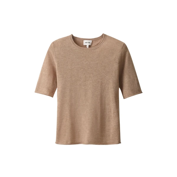 ME+EM Raw Edge Slim Knit Tee in Camel Mélange