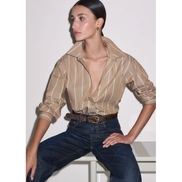 Me and Em ME+EM Stripe Boyfriend Shirt in Tan/Off White, view 2