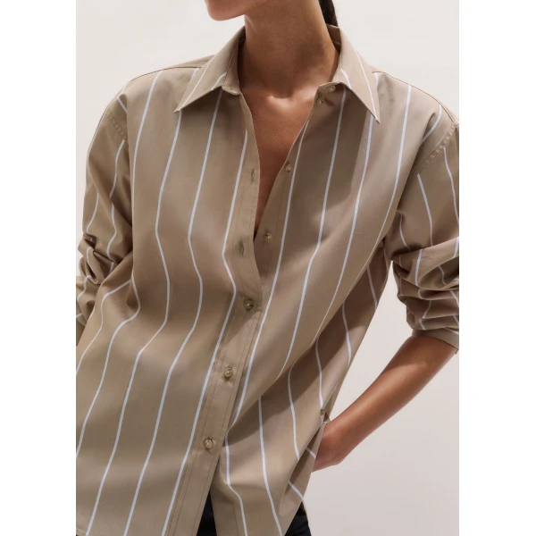 Me and Em ME+EM Stripe Boyfriend Shirt in Tan/Off White, view 3