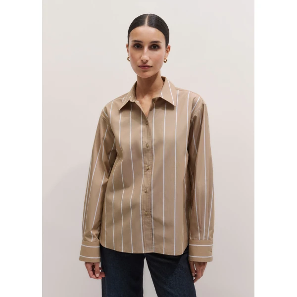 Me and Em ME+EM Stripe Boyfriend Shirt in Tan/Off White, view 6