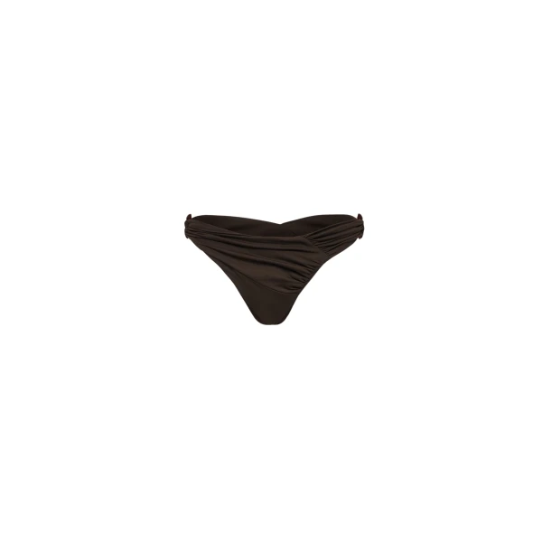 Draped bikini bottom with ring detail in brown