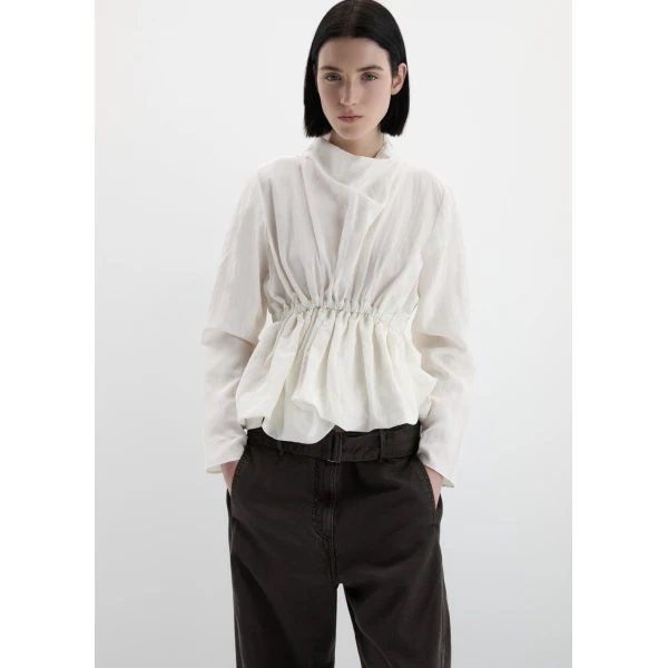 Magda Butrym Gathered waist blouse with soft stand collar in white, view 2