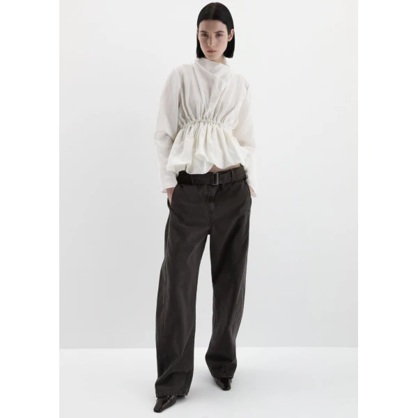 Magda Butrym Gathered waist blouse with soft stand collar in white, view 3