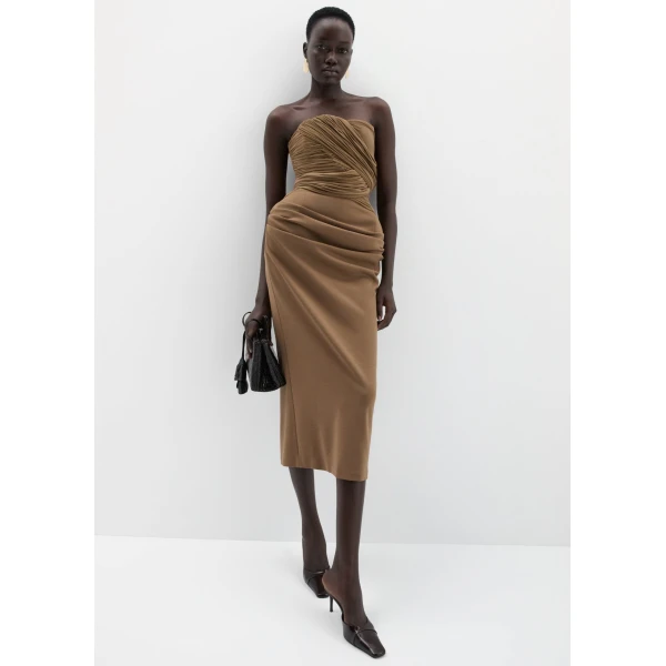 Magda Butrym Strapless cupro and wool draped corset dress in brown, view 2