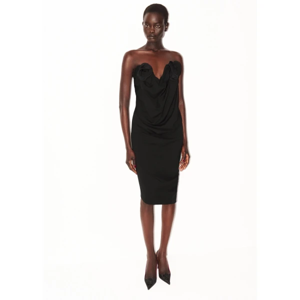 Magda Butrym Strapless draped dress with sculptural floral detail in black, view 3