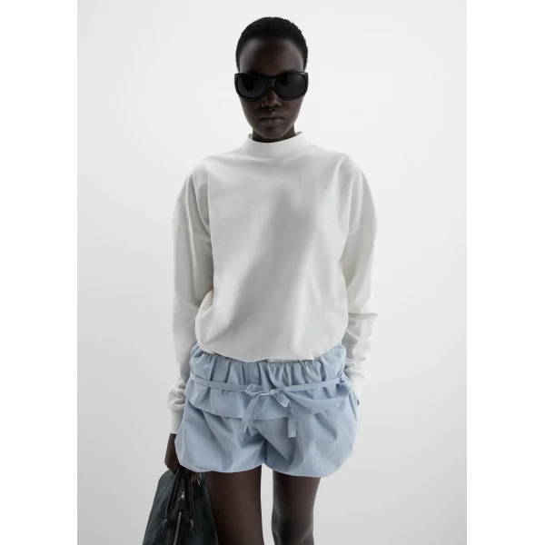 Magda Butrym Striped bubble cotton and silk shorts with ruffle waist in blue, view 2