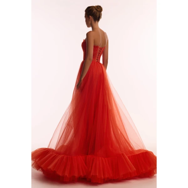 Milla Airy tulle maxi dress in fiery coral, view 2