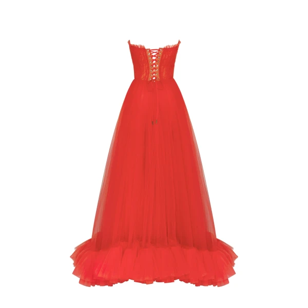 Milla Airy tulle maxi dress in fiery coral, view 3