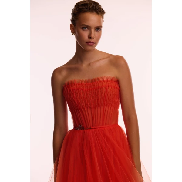 Milla Airy tulle maxi dress in fiery coral, view 4
