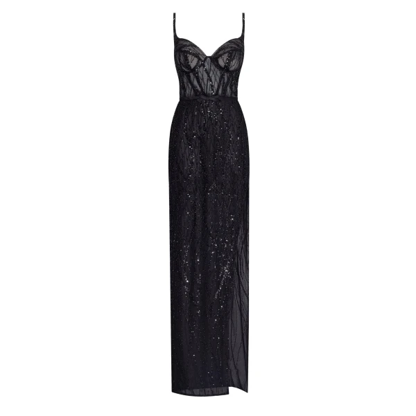 Milla Astonishing sequined maxi gown on spaghetti straps